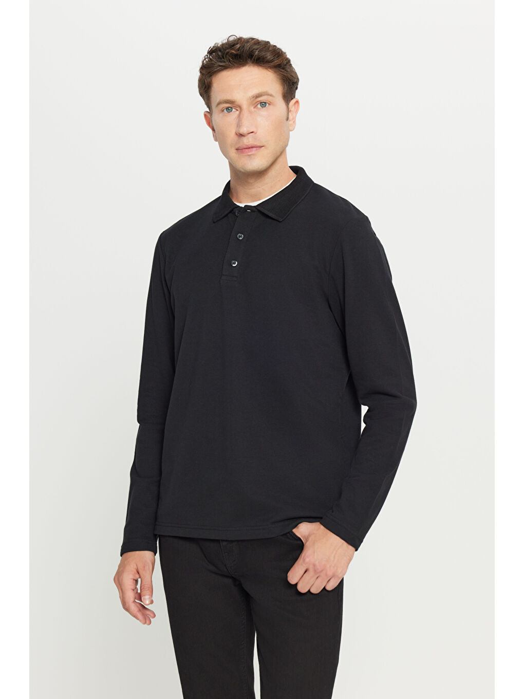 Erkek Siyah %100 Pamuk Standart Fit Normal Kesim Polo Yaka Sweatshirt