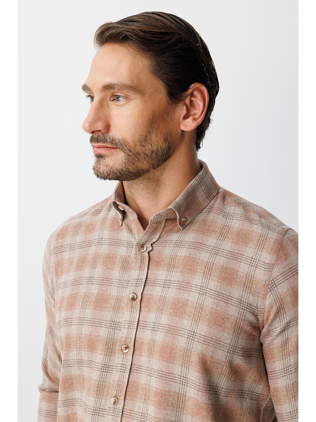 Kahverengi Kiremit Dynamic Fit Düğmeli Yaka Ekose Uzun Kollu Pamuklu Gömlek-2