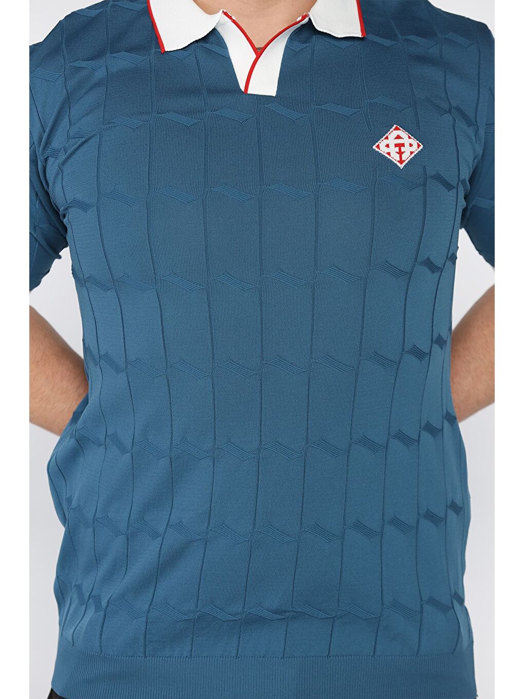 İndigo Polo Yaka Desenli Triko Tişört-3