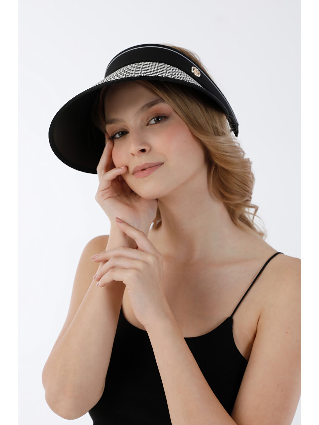 Siyah Kazayağı Desenli Siperli Ayarlanabilir Hasır Şapka-3