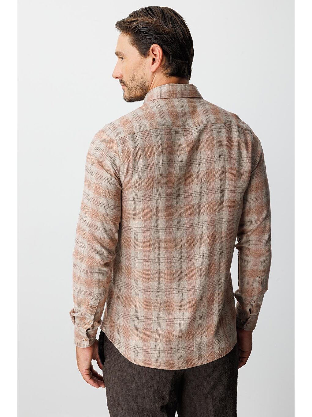 Kahverengi Kiremit Dynamic Fit Düğmeli Yaka Ekose Uzun Kollu Pamuklu Gömlek-3