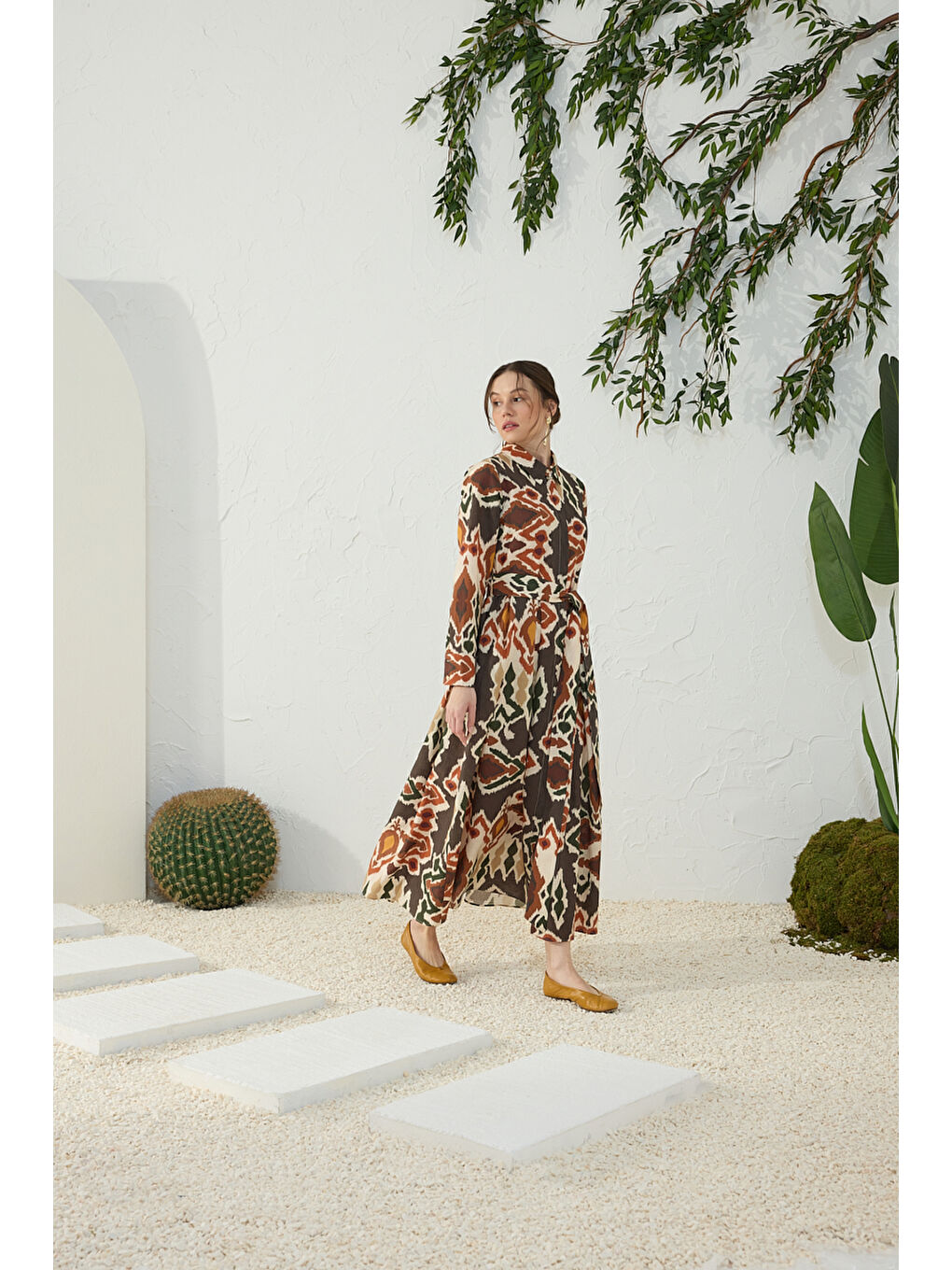 Turuncu Klasik Keten Desenli Elbise