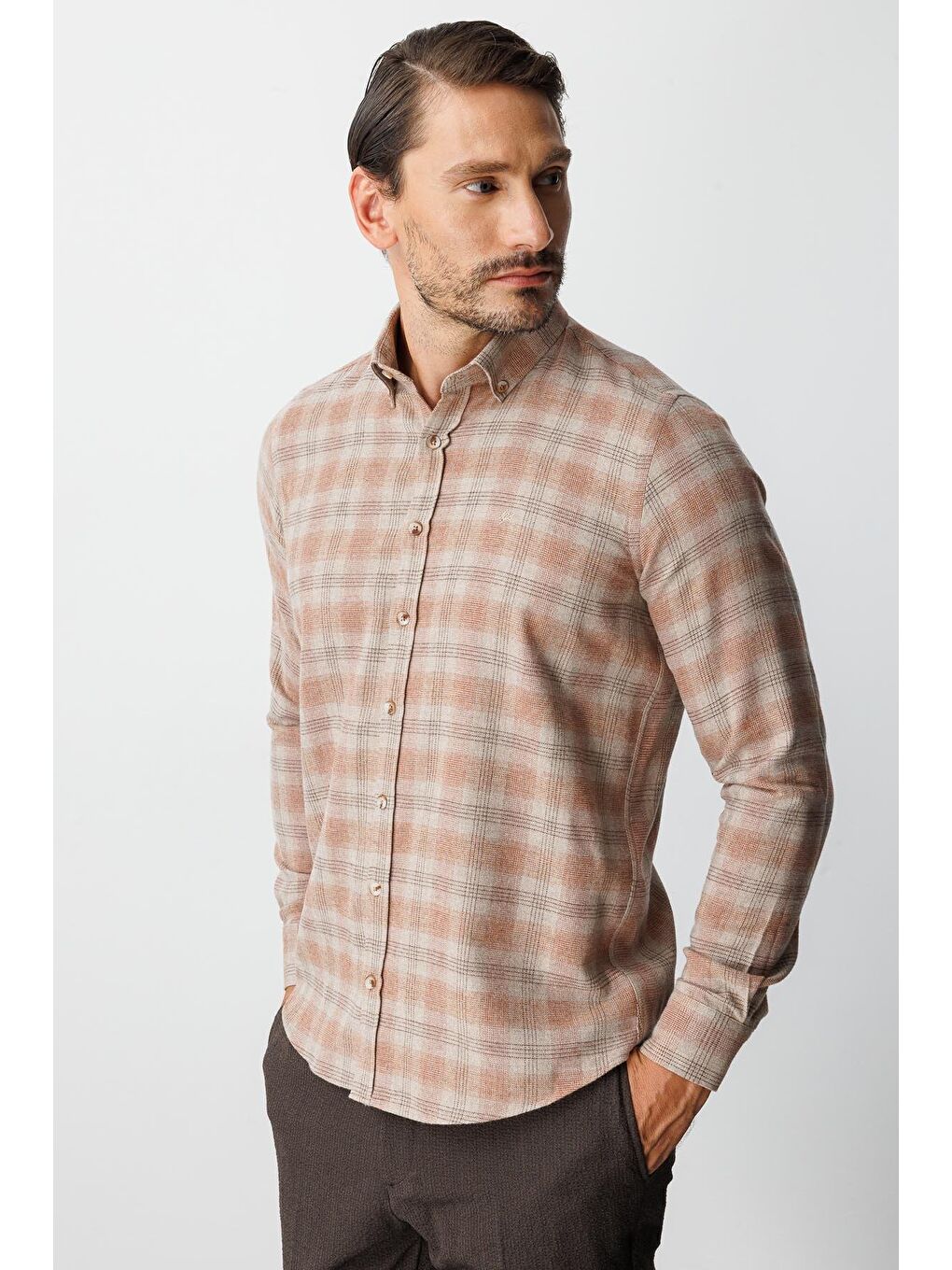 Kahverengi Kiremit Dynamic Fit Düğmeli Yaka Ekose Uzun Kollu Pamuklu Gömlek-4