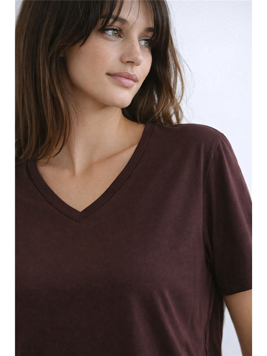 Kahverengi Standart Fit V Yaka Kısa Kollu Kadın Bluz 26Y0021K1-2