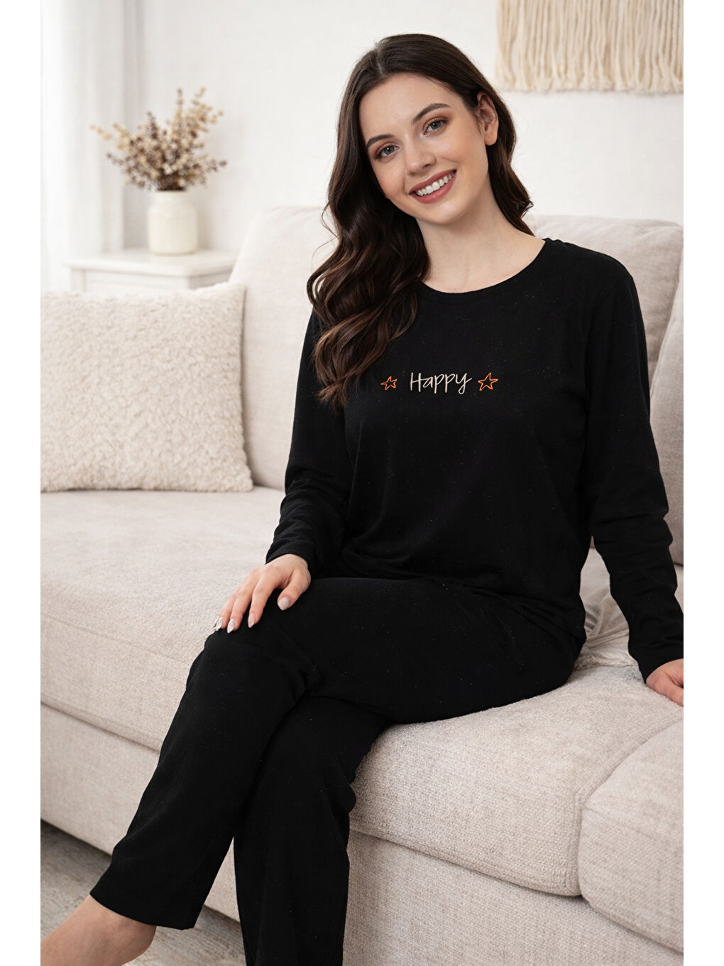 Kadın Yazı Desen Suprem Pijama Takımı 0608 Siyah06