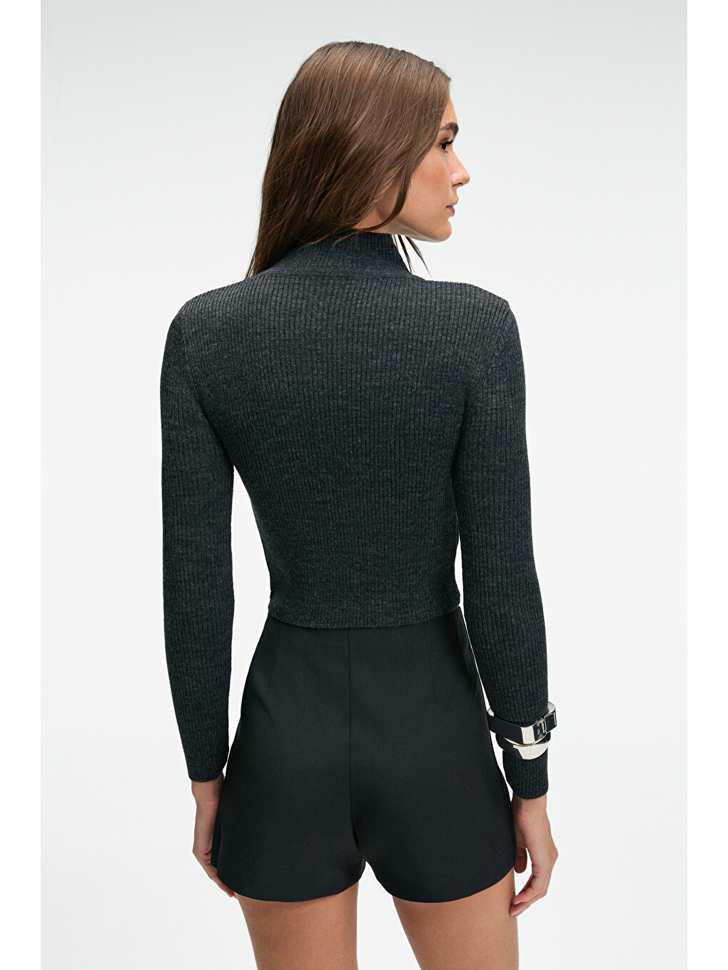 Calıda Kadın Dik Yaka Fitilli Görünümlü Slim Fit Triko Antrasit Kazak-5