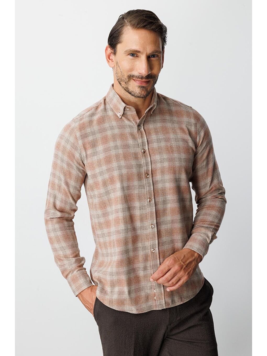 Kahverengi Kiremit Dynamic Fit Düğmeli Yaka Ekose Uzun Kollu Pamuklu Gömlek-5