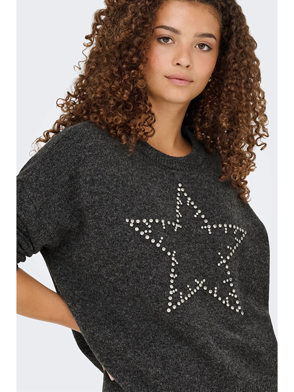 Gri Onlrenata Yün Karışım Regular Fit Yıldız Desenli Kadın Kazak 15353062-5