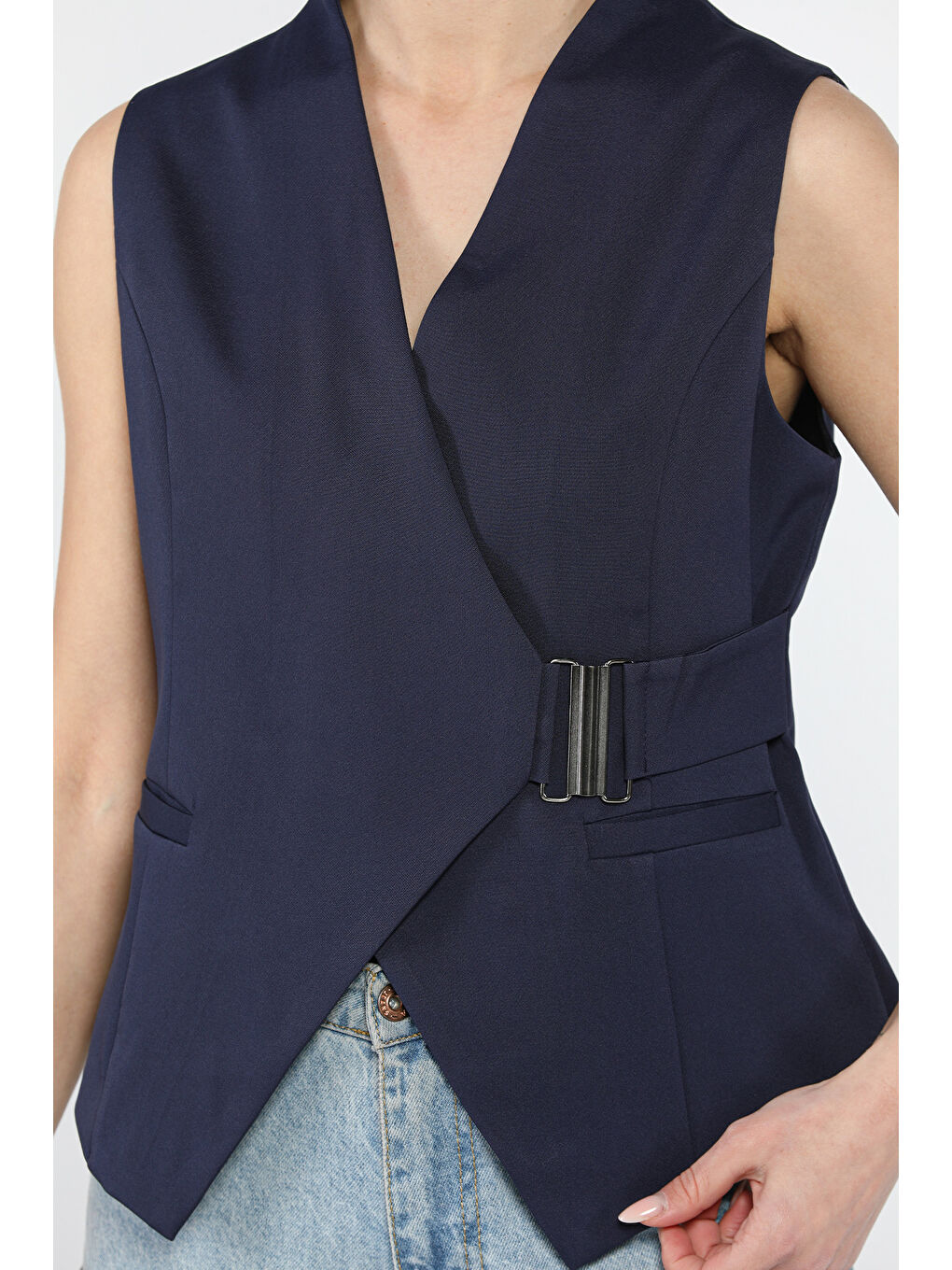 Lacivert Kemer Detaylı Astarlı Kadın Yelek-3