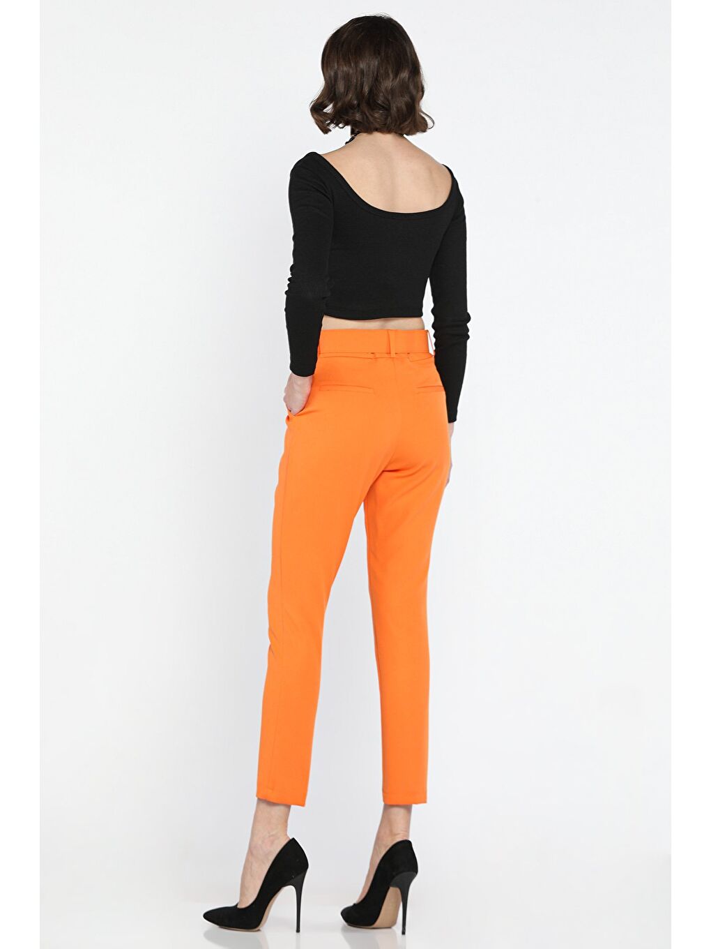 Turuncu Kemerli Kadın Kumaş Pantolon-2