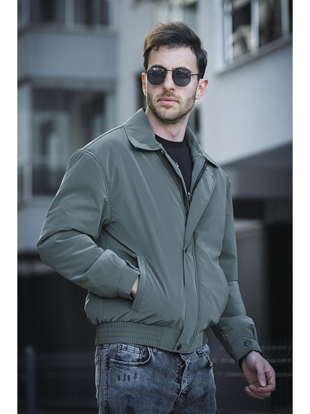 Haki California Ceket Yaka Su İtici Parlak Kısa Erkek Pilot Mont