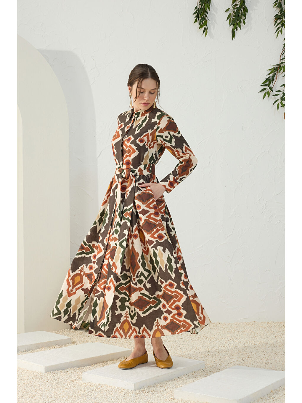 Turuncu Klasik Keten Desenli Elbise-1