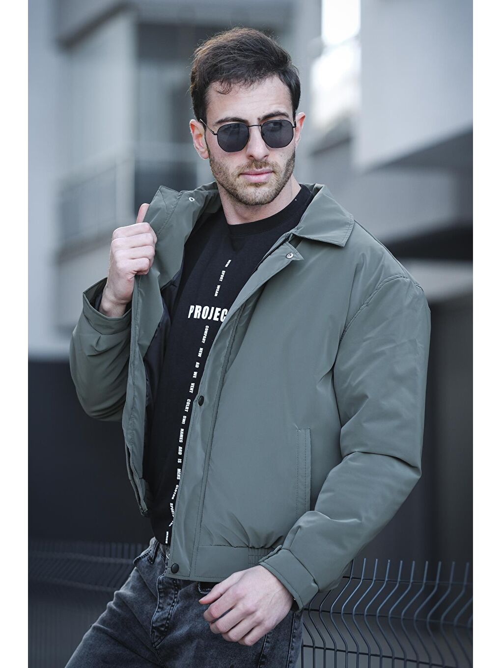 Haki California Ceket Yaka Su İtici Parlak Kısa Erkek Pilot Mont-1