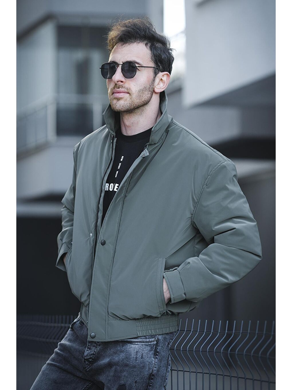 Haki California Ceket Yaka Su İtici Parlak Kısa Erkek Pilot Mont-2