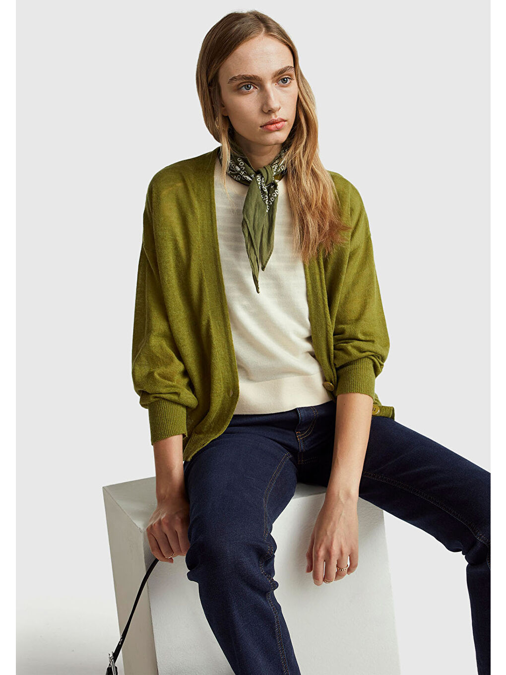 Kadın Haki Yeşili Alpaka ve Yün Karışımlı Ribana Detaylı Düğmeli Hırka-4