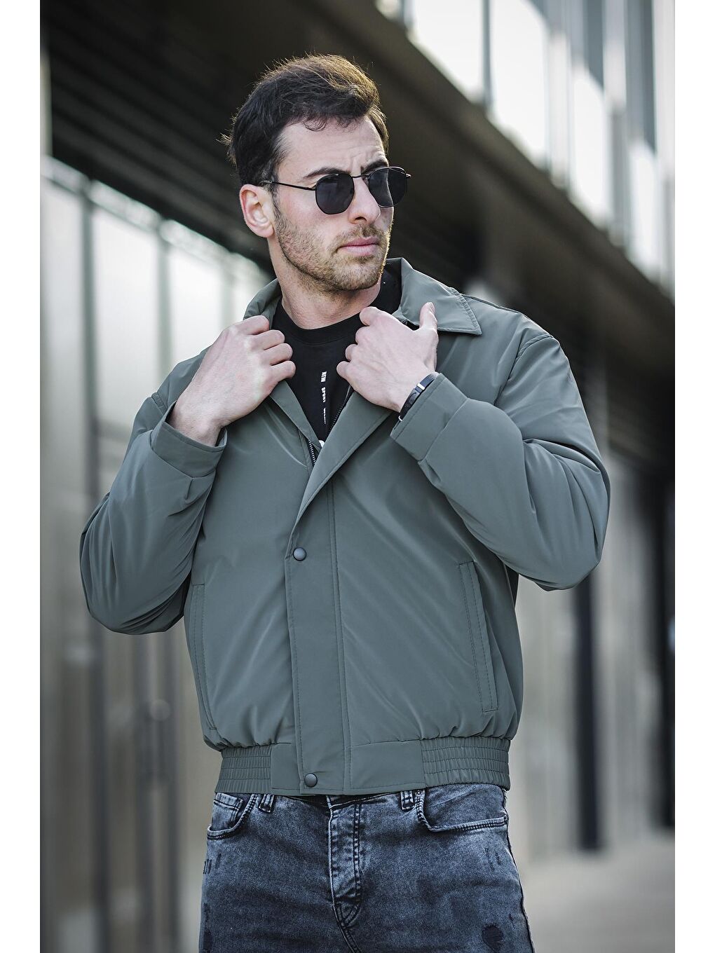 Haki California Ceket Yaka Su İtici Parlak Kısa Erkek Pilot Mont-3