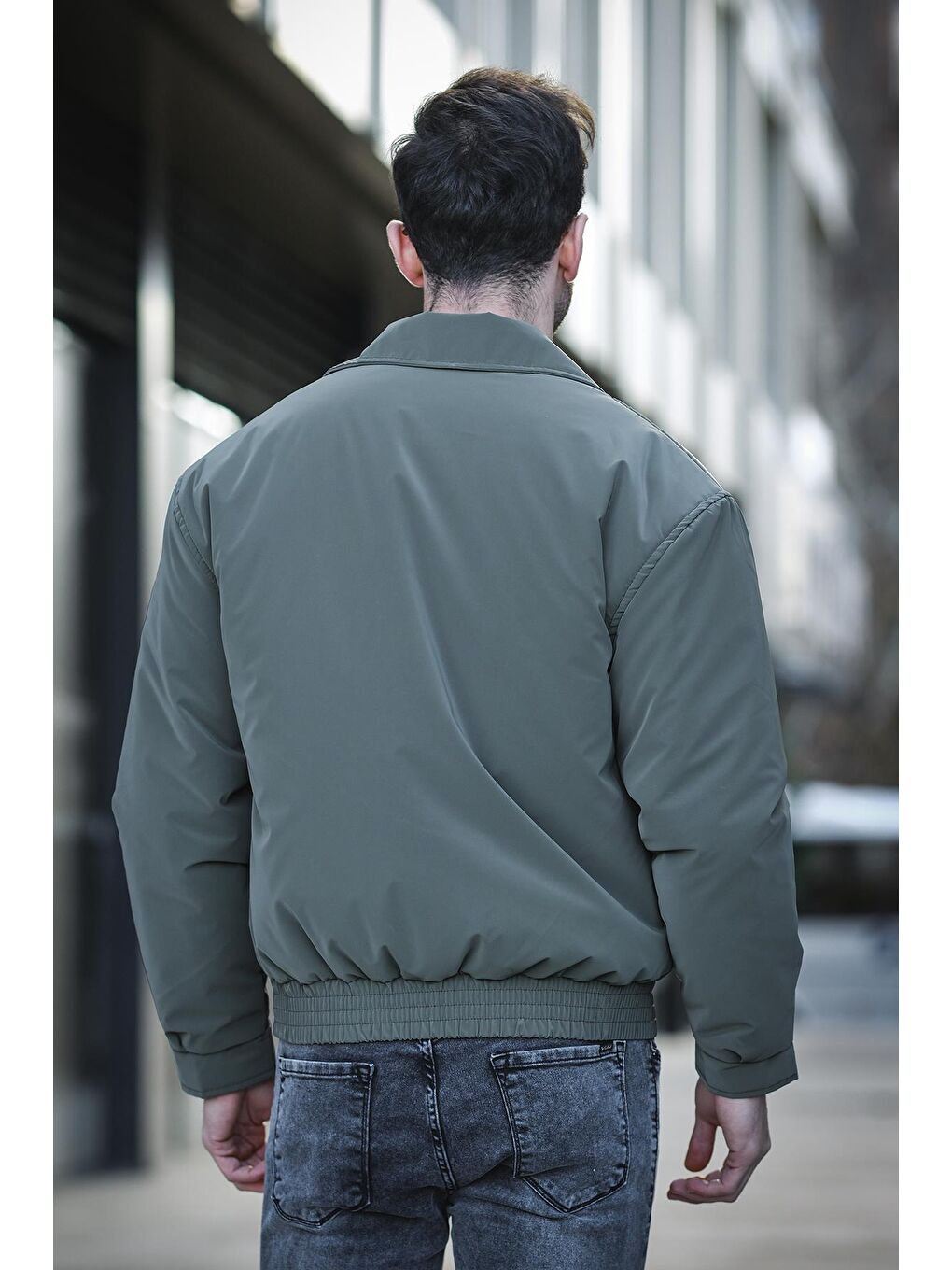 Haki California Ceket Yaka Su İtici Parlak Kısa Erkek Pilot Mont-4