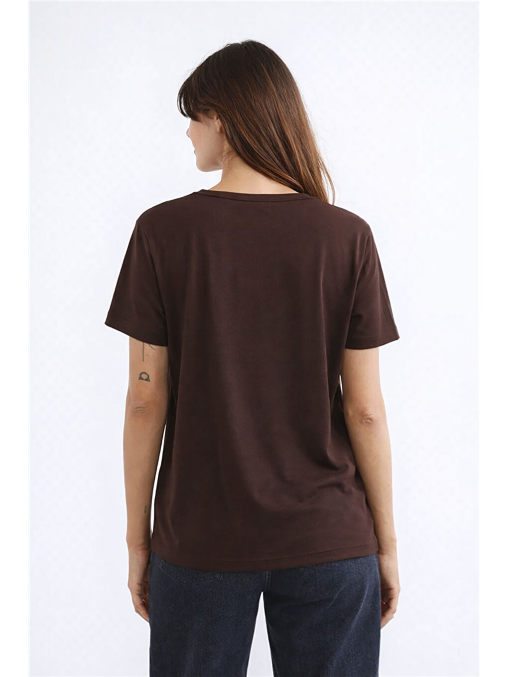 Kahverengi Standart Fit V Yaka Kısa Kollu Kadın Bluz 26Y0021K1-3