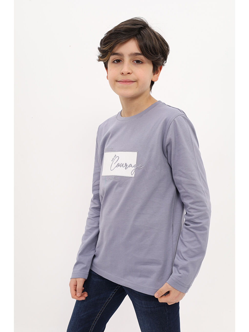 Gri Erkek Çocuk Nakışlı Tişört-1