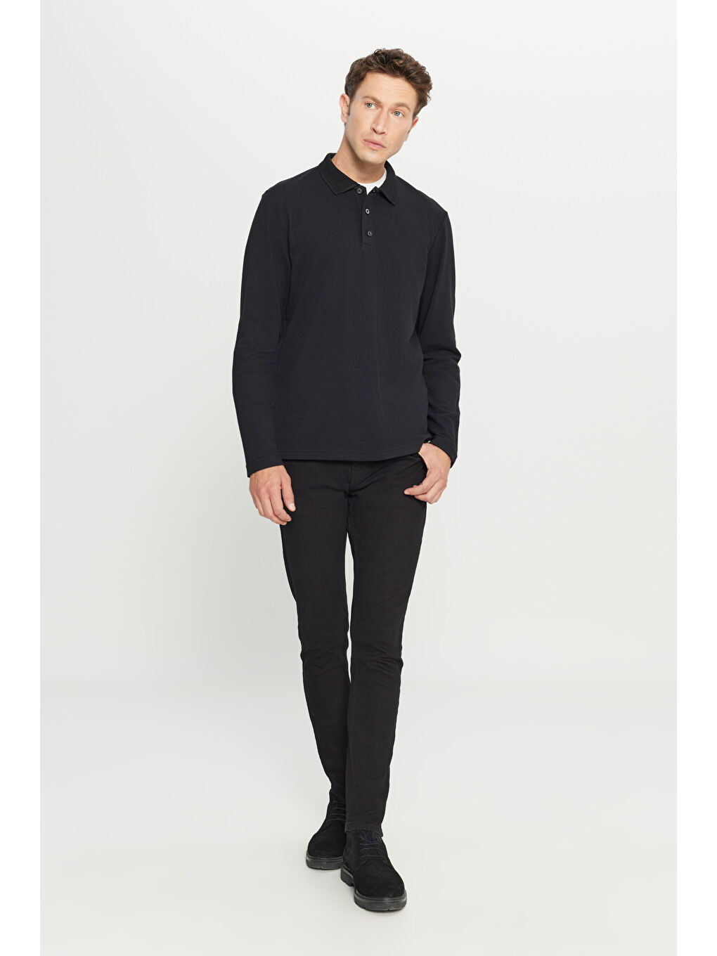 Erkek Siyah %100 Pamuk Standart Fit Normal Kesim Polo Yaka Sweatshirt-1