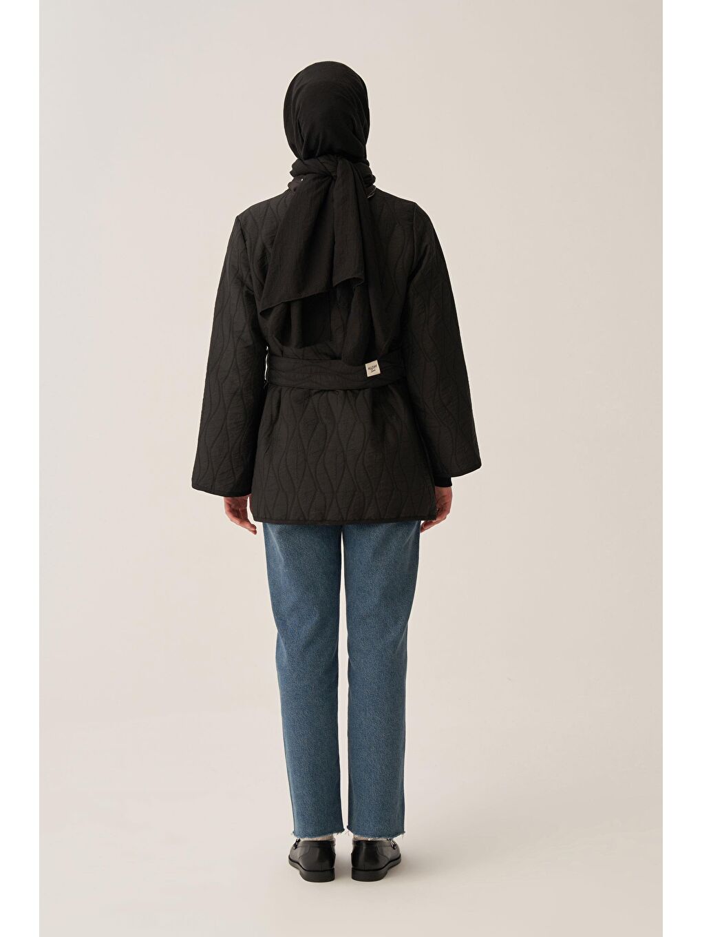 Siyah-İnce Kapitone Kruvaze Kuşaklı Ceket-3