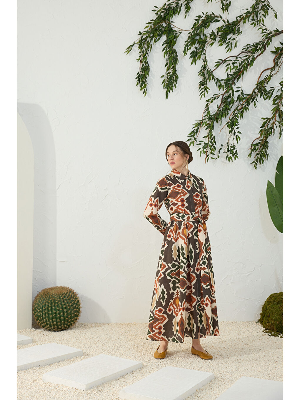 Turuncu Klasik Keten Desenli Elbise-2