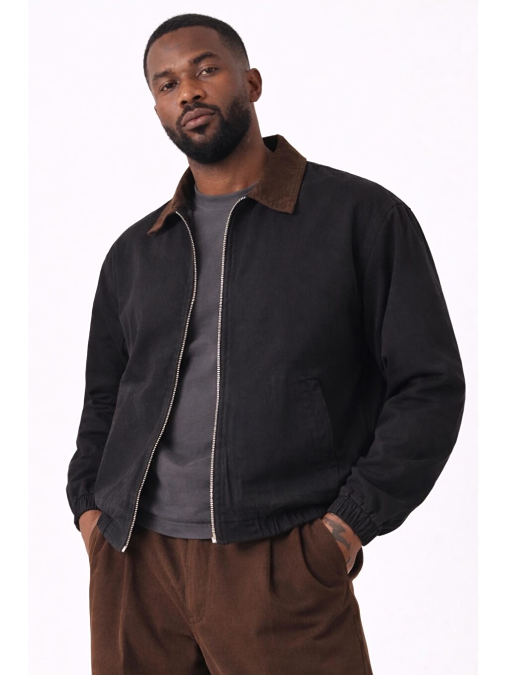 Siyah Erkek Gabardin Ceket Oversize Polo Yaka Detaylı Rahat Kalıp Beli Lastikli-1