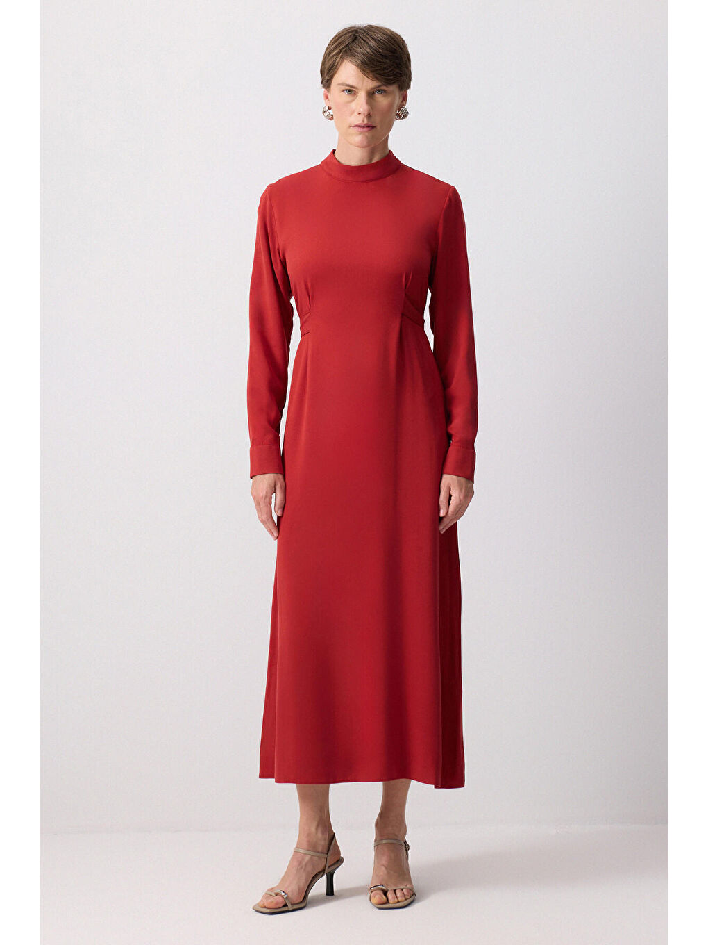 Bordo Belden Bağlamalı Viskon Elbise