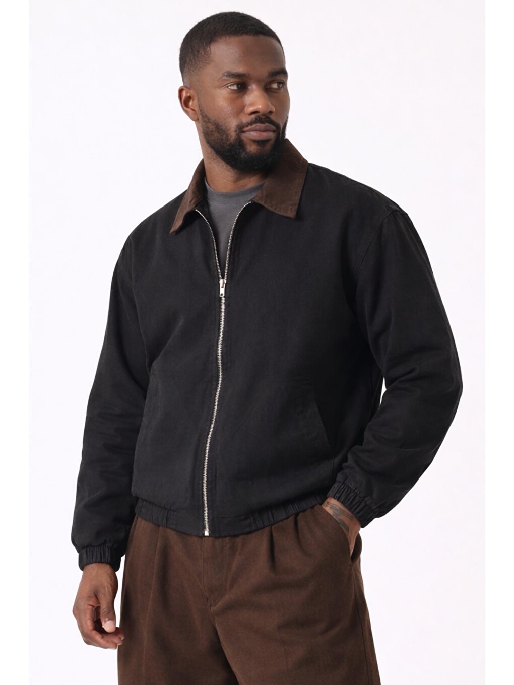 Siyah Erkek Gabardin Ceket Oversize Polo Yaka Detaylı Rahat Kalıp Beli Lastikli-2