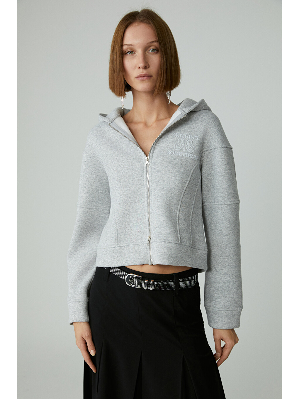 Robına Kadın Şardonlu Kapüşonlu Nakış Detaylı Gri Melanj Sweatshirt-2