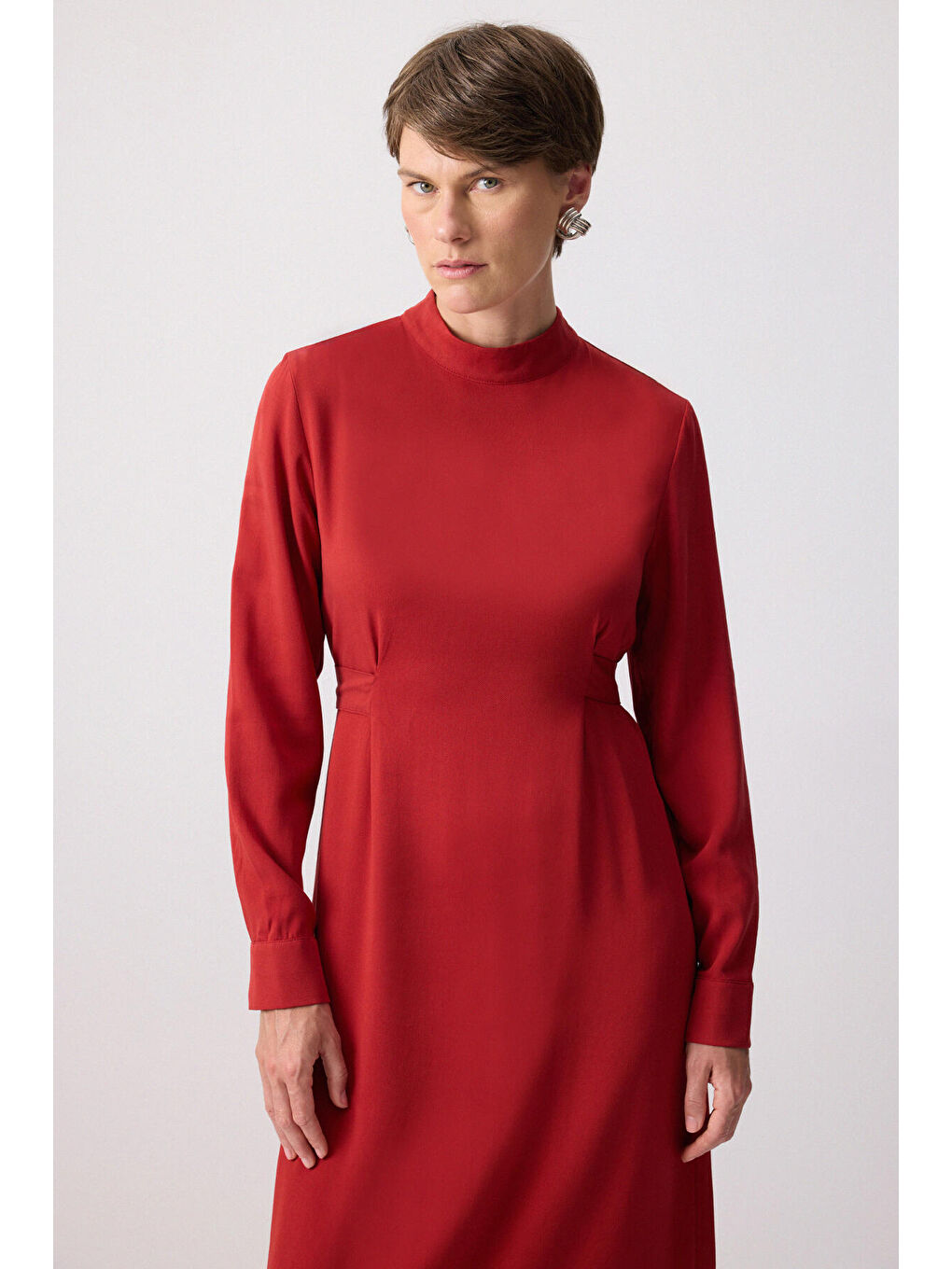 Bordo Belden Bağlamalı Viskon Elbise-1