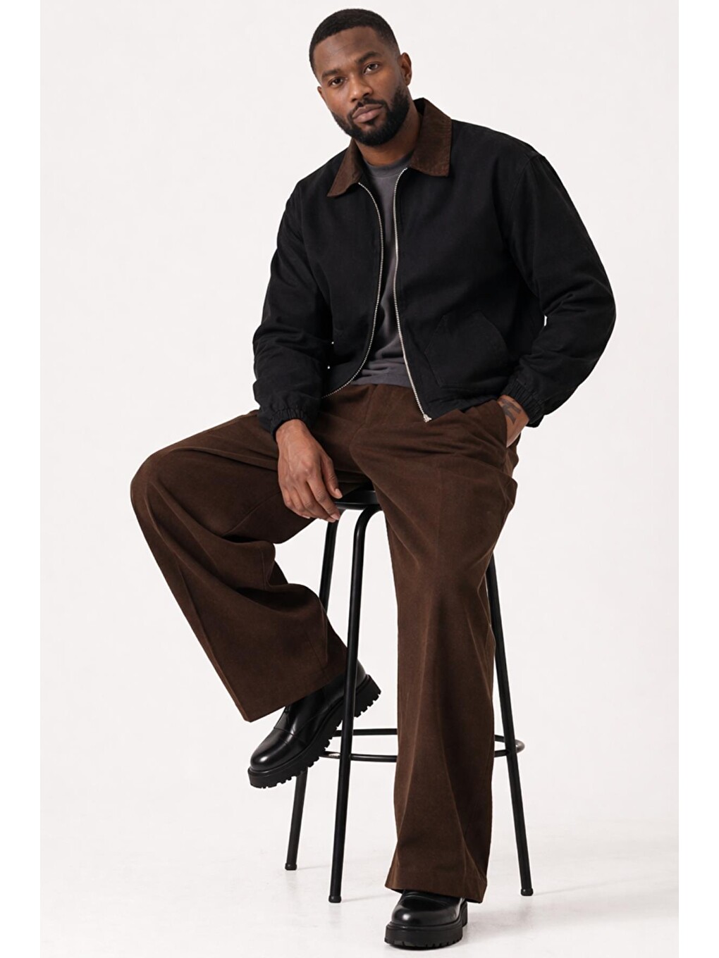 Siyah Erkek Gabardin Ceket Oversize Polo Yaka Detaylı Rahat Kalıp Beli Lastikli-3