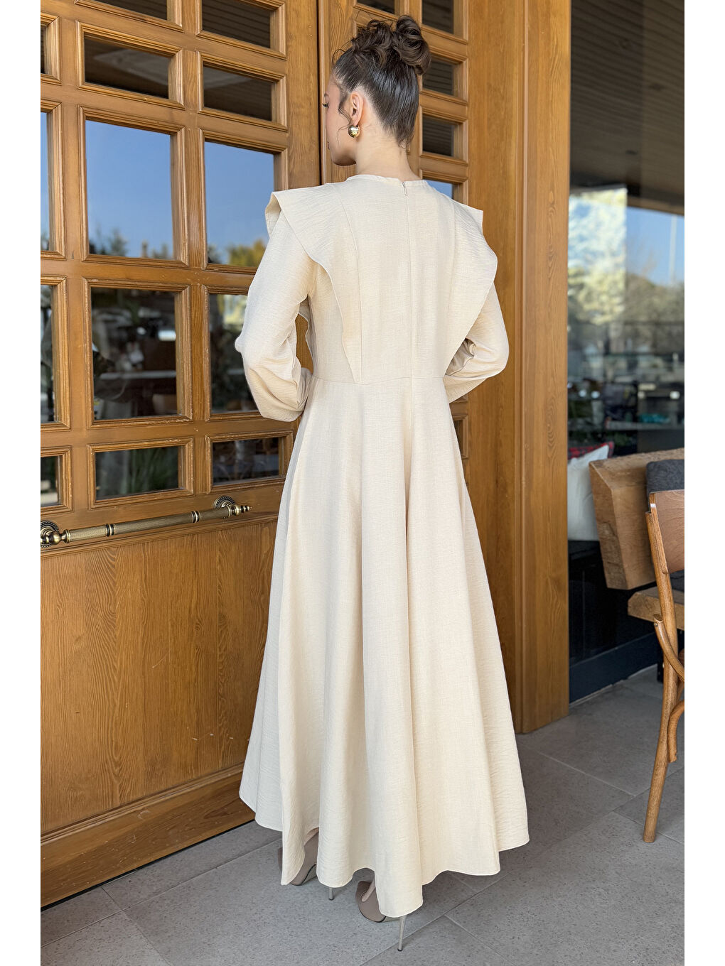 Bej Gül Detaylı Kadın Kloş Elbise-3