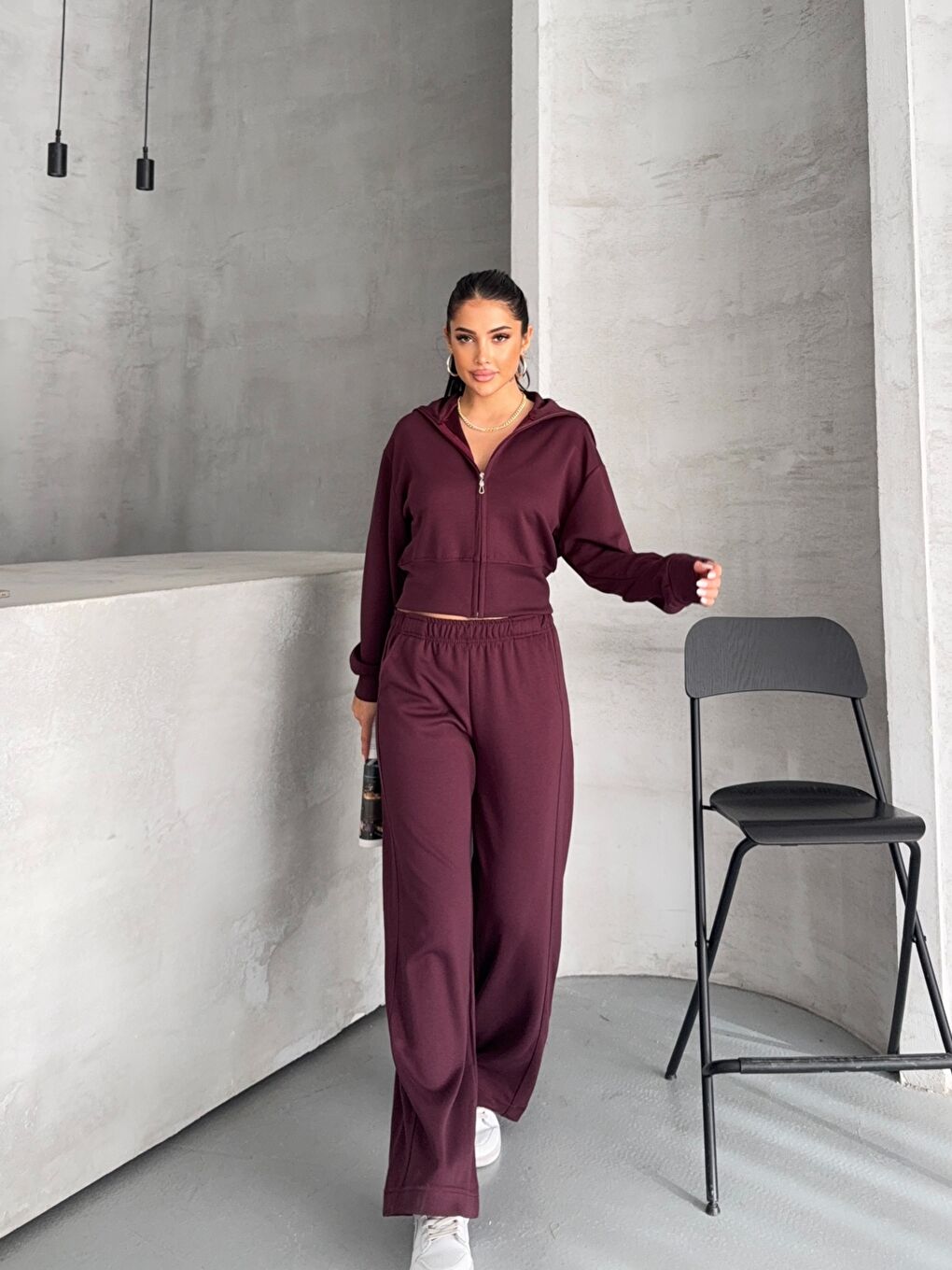 Modal Kumaş Crop Üst Eşofman Takım Bordo-2