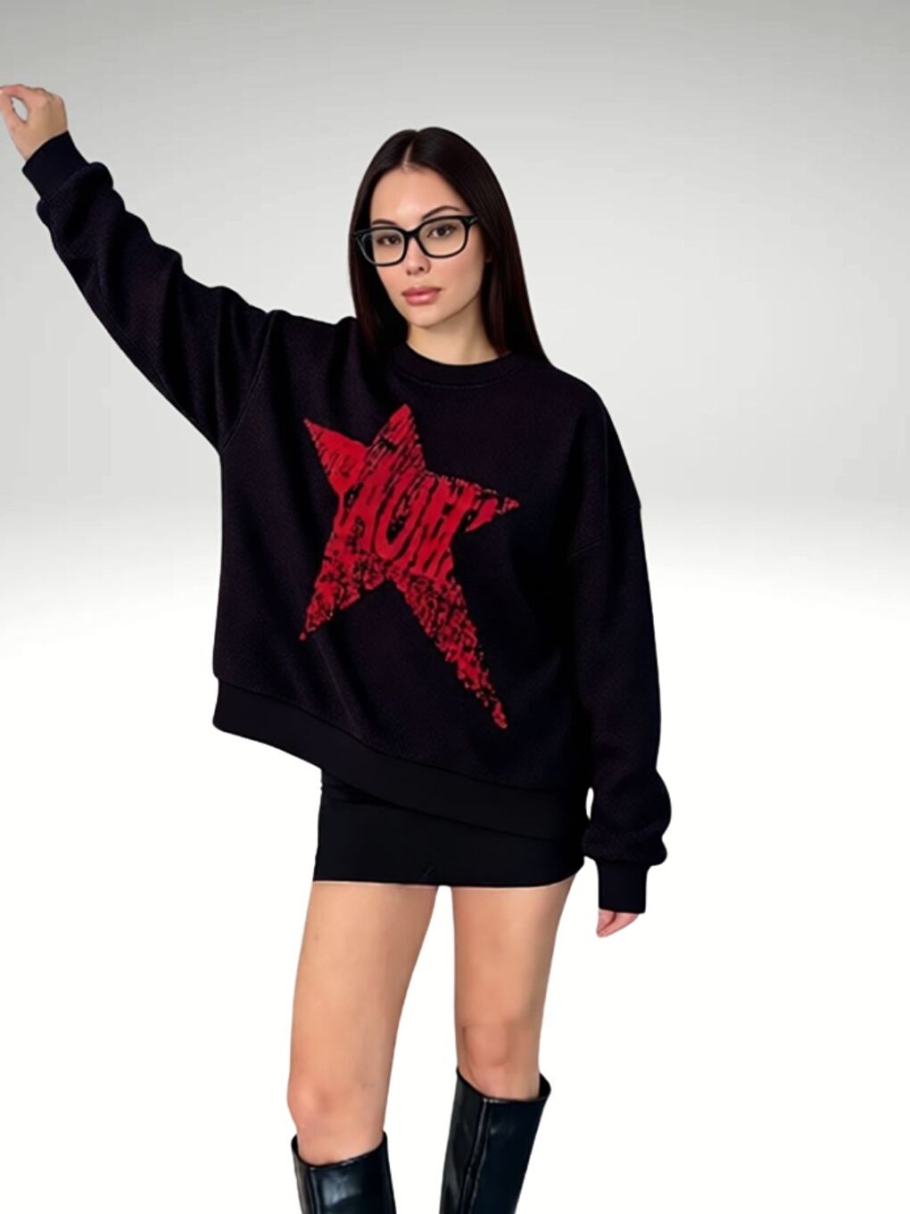 Kadın Siyah RedStar Baskılı Oversize Sweatshirt