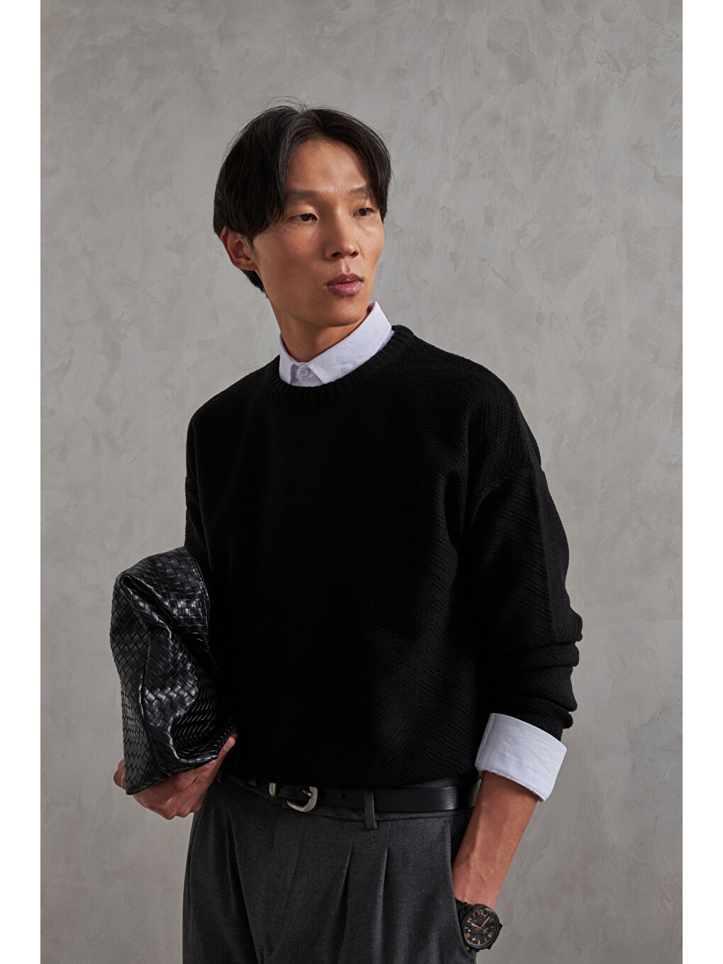 Siyah Erkek Bisiklet Yaka Oversize Ters Örgü Desen Kazak-3