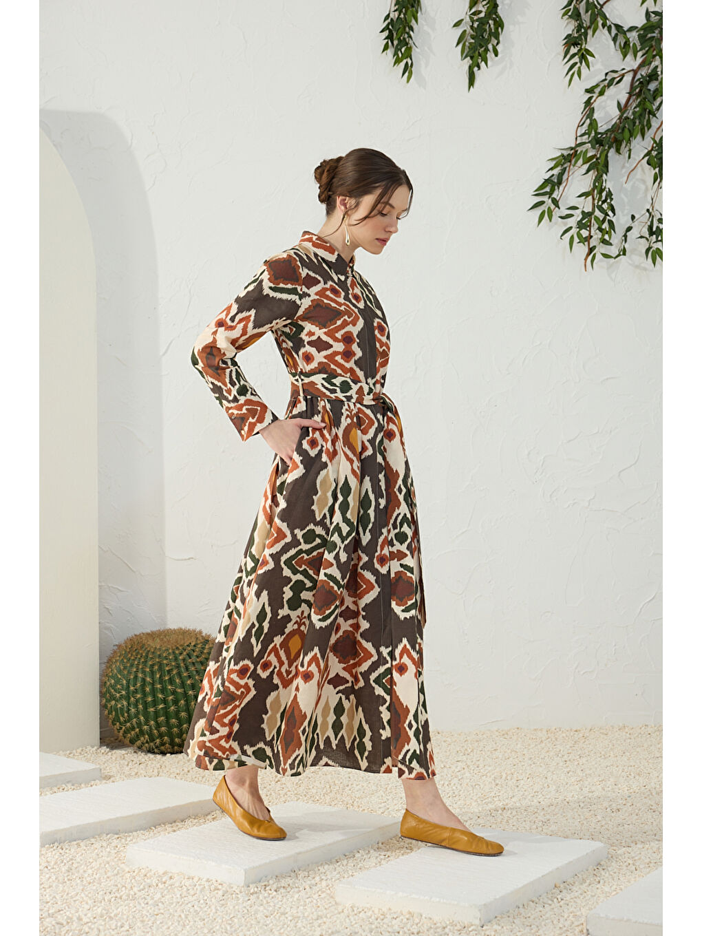 Turuncu Klasik Keten Desenli Elbise-3