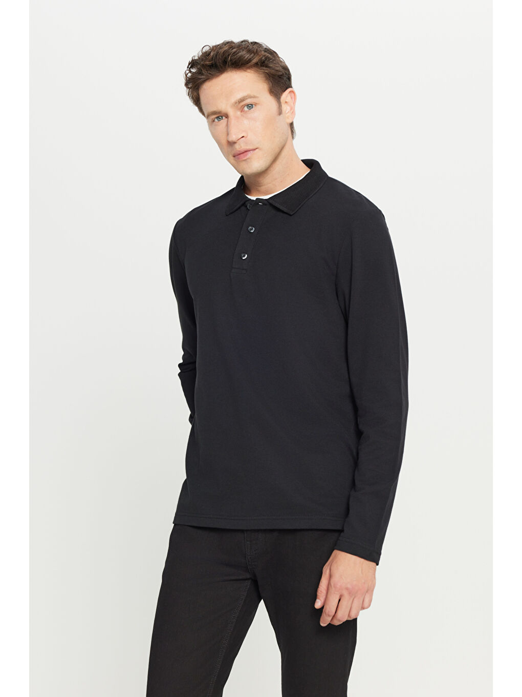 Erkek Siyah %100 Pamuk Standart Fit Normal Kesim Polo Yaka Sweatshirt-2