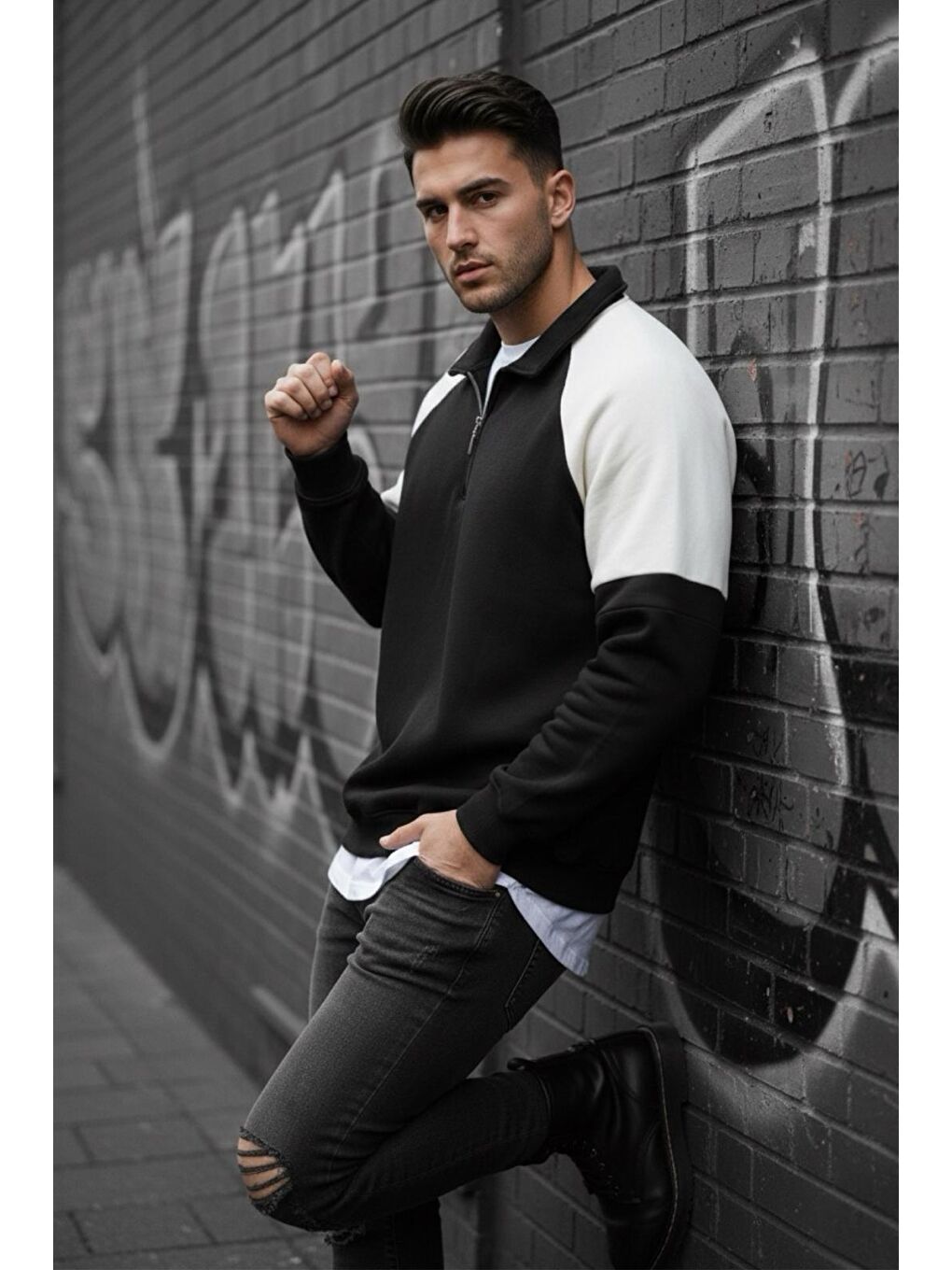 Siyah Wesst Üç İplik Şardonlu Yarım Fermuarlı Yaka Erkek Sweatshirt