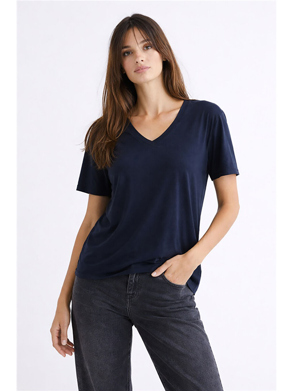 Lacivert Standart Fit V Yaka Kısa Kollu Kadın Bluz 26Y0021K1-1