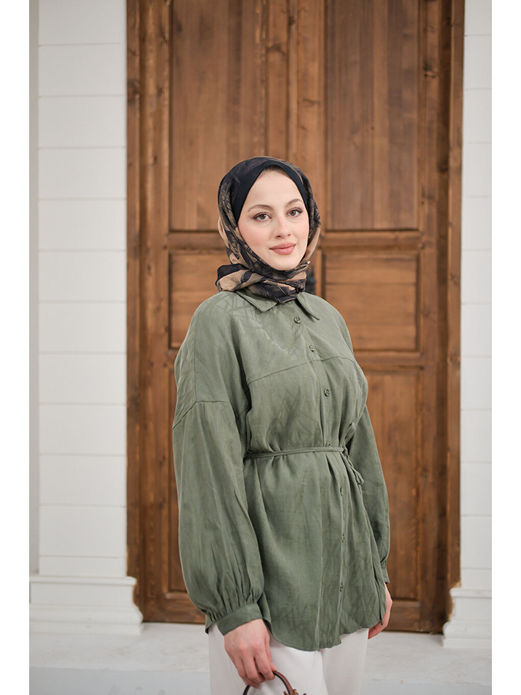 Kadın Bel Bağlamalı Tencele Gömlek Haki Yeşil-1