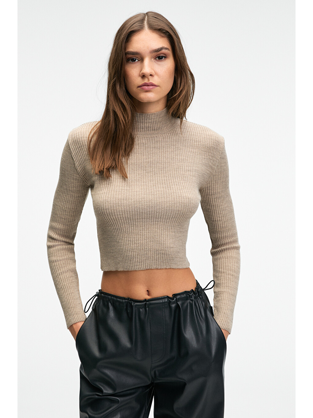 Calıda Kadın Dik Yaka Fitilli Görünümlü Slim Fit Triko Bej Kazak-2