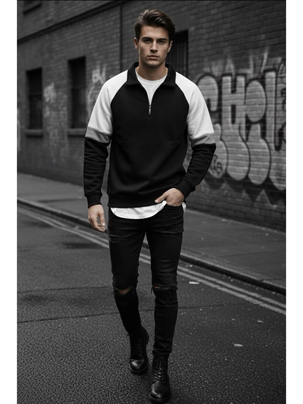 Siyah Wesst Üç İplik Şardonlu Yarım Fermuarlı Yaka Erkek Sweatshirt-1