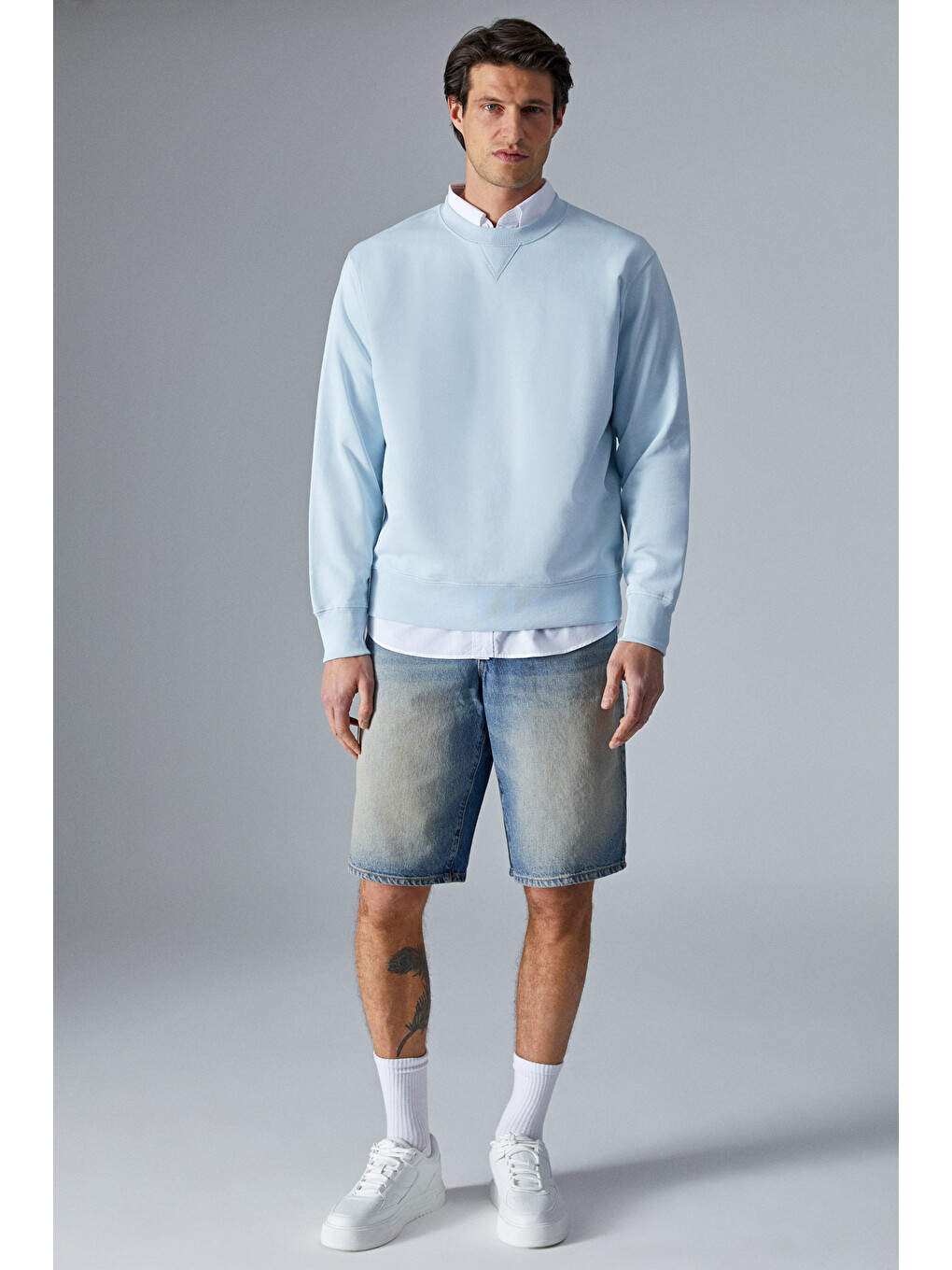Bonell Erkek %100 Pamuk Relaxed Bisiklet Yaka Uzun Kollu Açık Mavi Sweatshirt-1