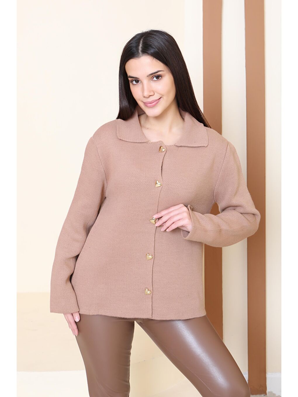Bej Kalp Düğmeli Triko Ceket Vizon - 27835-VIZON