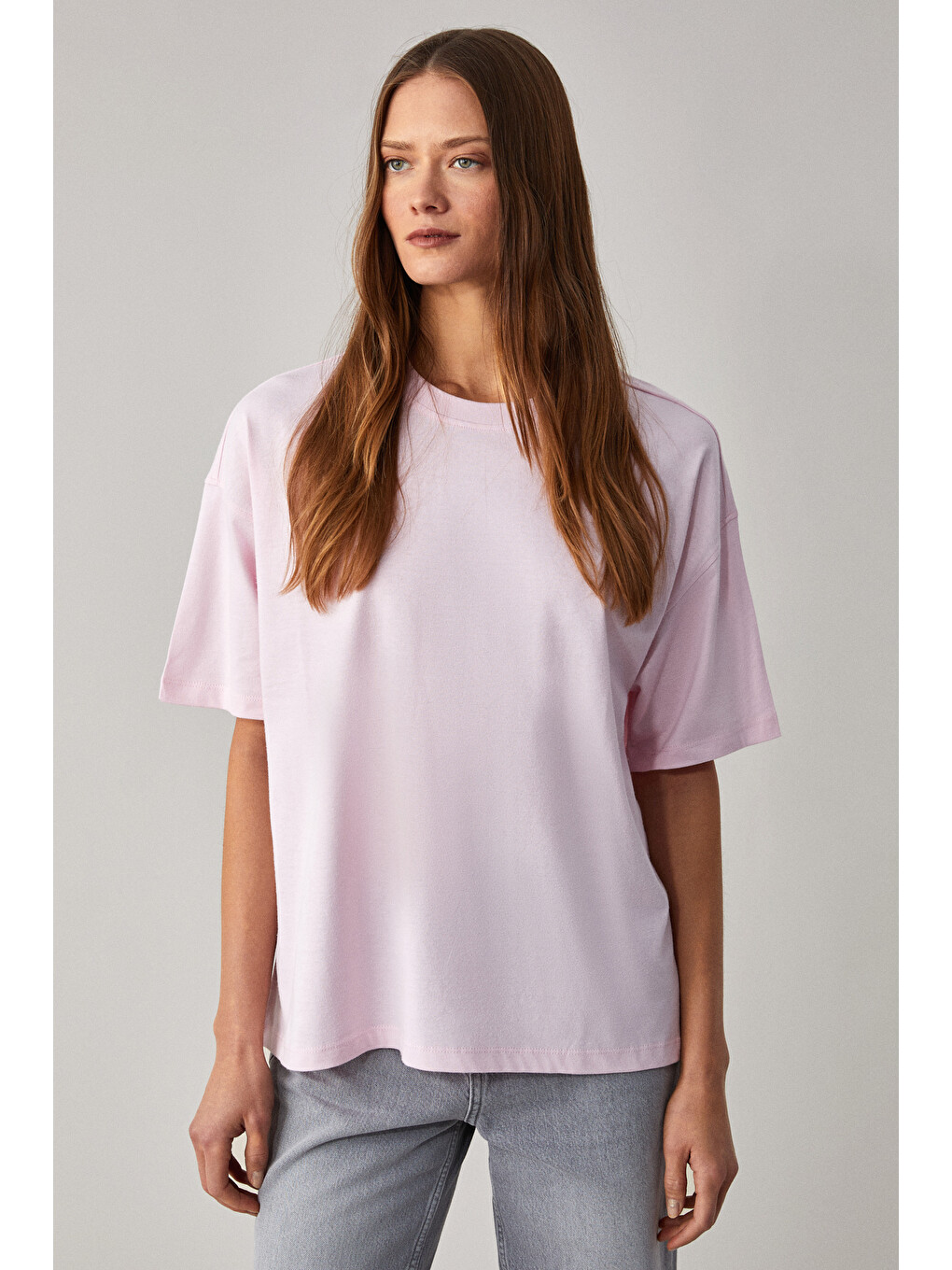 Pembe LAGERTHA Kadın %100 organik Pamuklu Kalın Dokulu Oversize Fit Yuvarlak Yakalı AÇIK PEMBE T-Shirt-2