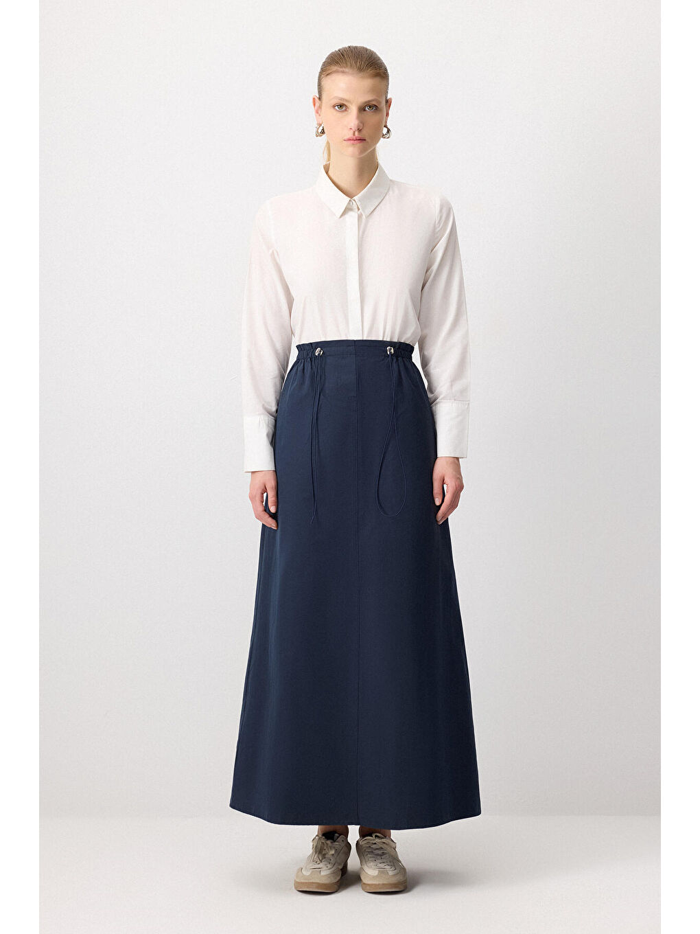 Lacivert Beli Lastikli Dokuma Etek