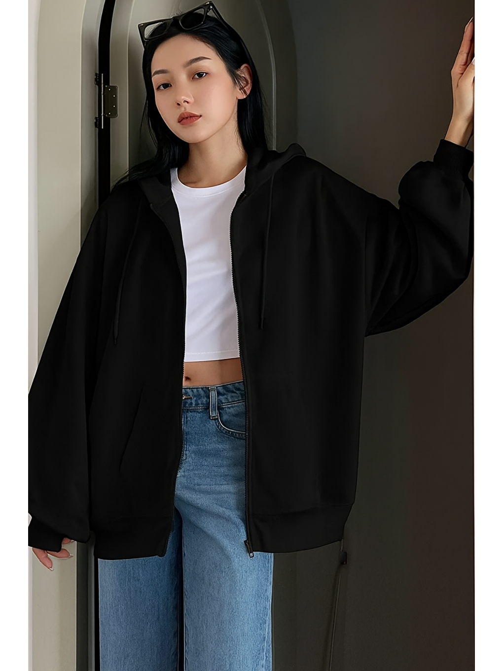 Unisex Siyah Fermuar Kapüşonlu Sweatshirt