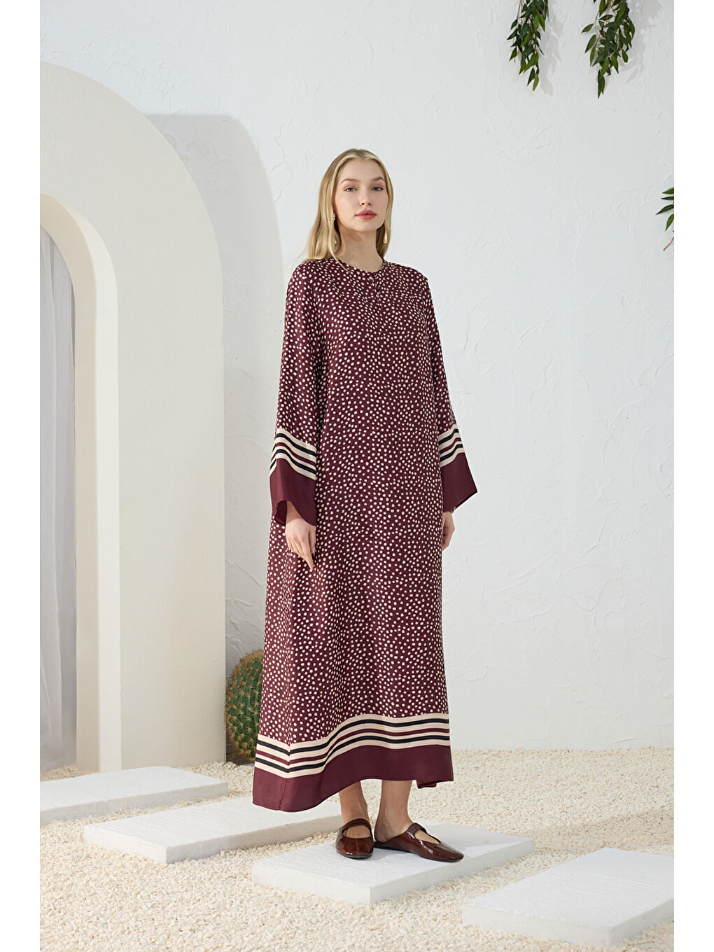 Bordo Desenli Bisiklet Yaka Elbise-1