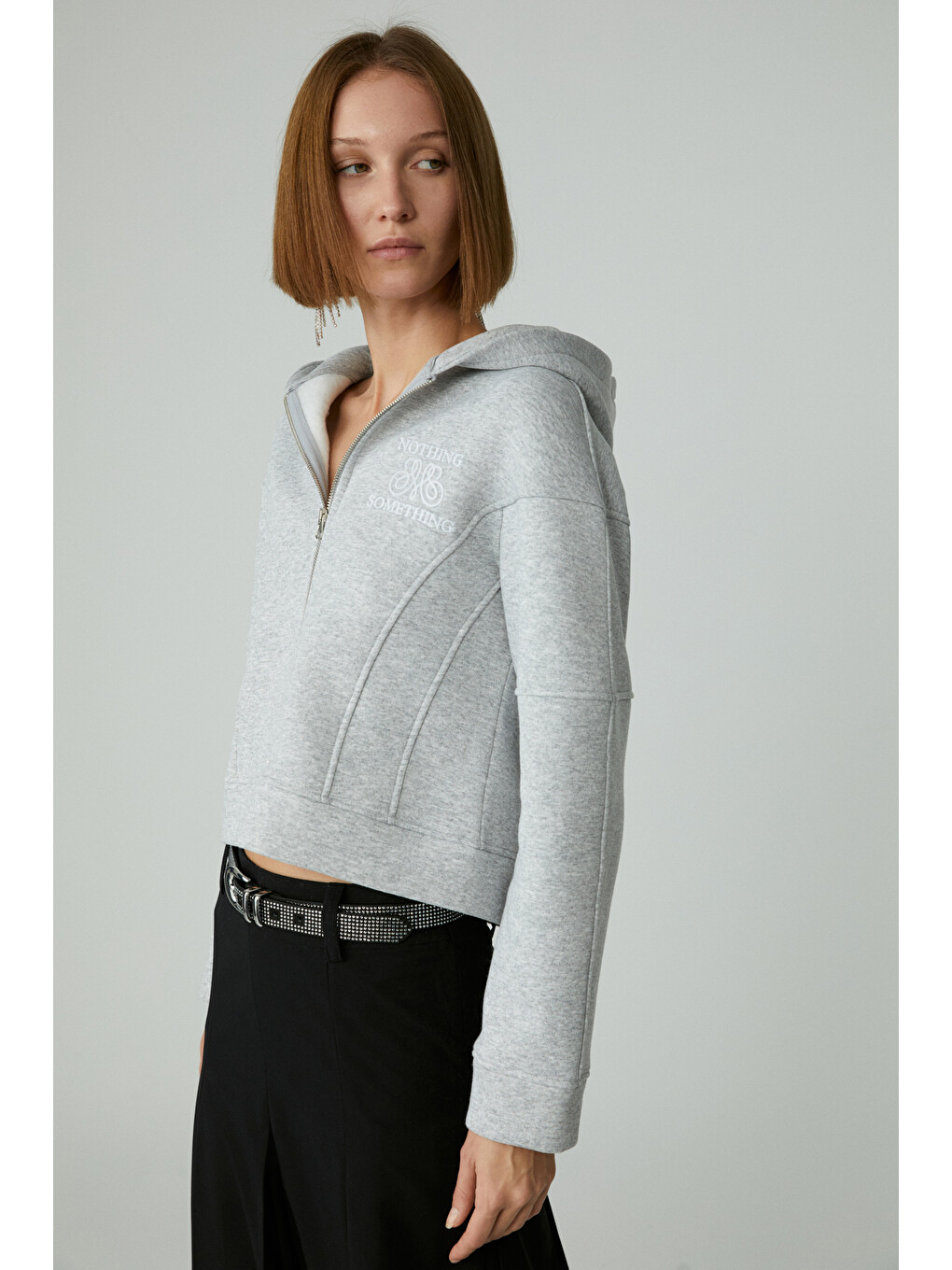 Robına Kadın Şardonlu Kapüşonlu Nakış Detaylı Gri Melanj Sweatshirt-3